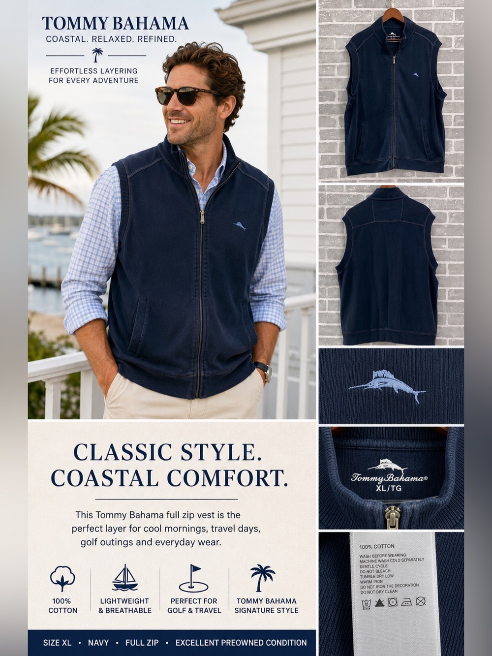 Tommy Bahama Mens XL Navy Full Zip Cotton Vest Swordfish Coastal Golf Preppy